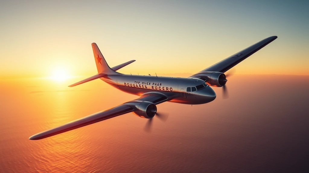 Vintage 1950s Douglas DC-4 aircraft in flight over blue ocean waters during golden hour, professional aviation photography, no text or markings visible