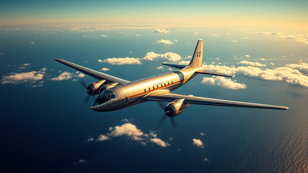 Vintage 1950s Douglas DC-4 aircraft in flight over blue ocean, professional aviation photography, golden hour lighting, clouds below, pristine condition, no text or markings visible