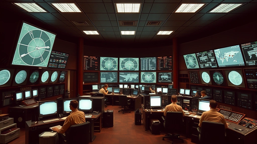 1950s air traffic control center with vintage radar screens and communication equipment, controllers at work stations, period-accurate technology, professional documentary style, no visible text on screens