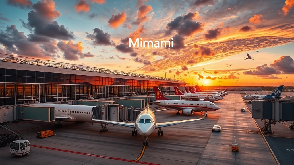 Miami International Airport terminal with aircraft at gates, modern airport infrastructure, sunset lighting, travel destination atmosphere, no visible signs or text