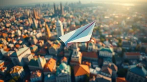 Photorealistic aerial view of a paper airplane gracefully soaring over a vibrant cityscape with iconic landmarks and colorful rooftops below, natural sunlight casting soft shadows, cinematic depth of field