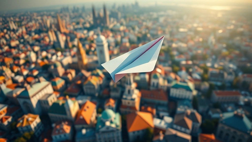 Photorealistic aerial view of a paper airplane gracefully soaring over a vibrant cityscape with iconic landmarks and colorful rooftops below, natural sunlight casting soft shadows, cinematic depth of field
