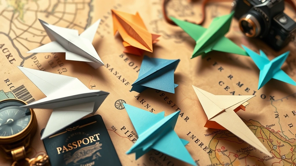 Close-up of intricately folded paper airplanes in various colors and designs arranged artistically on a wooden travel map with compass, passport, and vintage camera, warm natural lighting highlighting paper textures