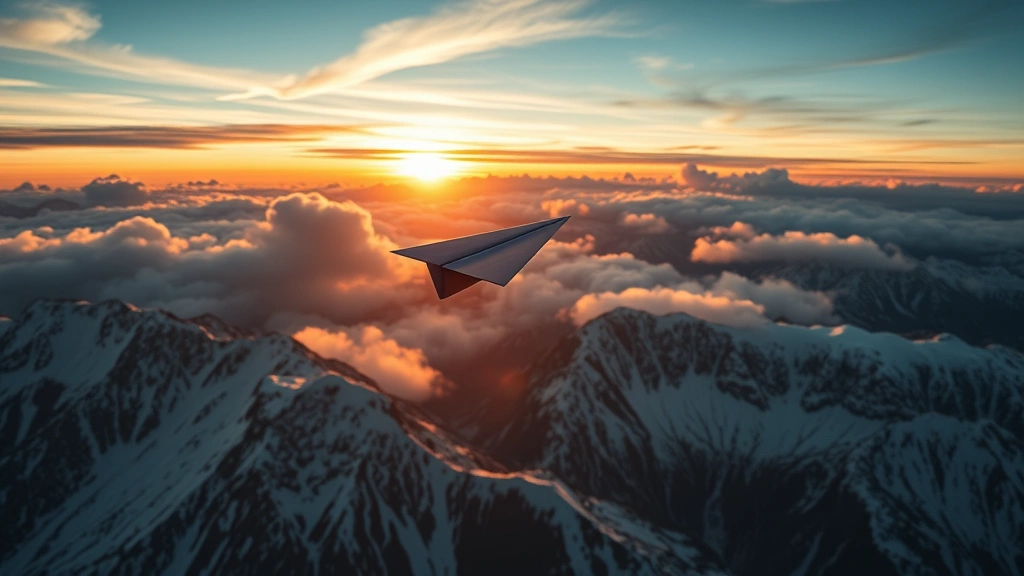 Breathtaking panoramic view of a paper airplane flying above snow-capped mountain peaks during golden hour sunset, dramatic clouds and atmospheric perspective, adventurous and inspiring composition