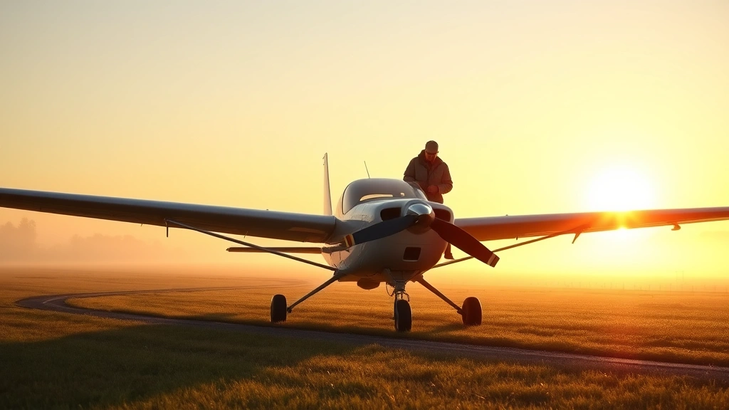 Small Cessna aircraft parked at sunrise on rural grass airstrip with morning mist, pilot performing preflight inspection beside wing, golden hour lighting, realistic photography