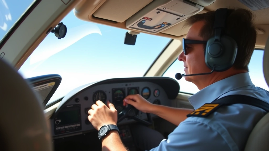 Pilot in cockpit during flight training, hands on yoke performing maneuver with instrument panel visible, focused expression, natural window light showing clear blue sky outside, professional aviation photography