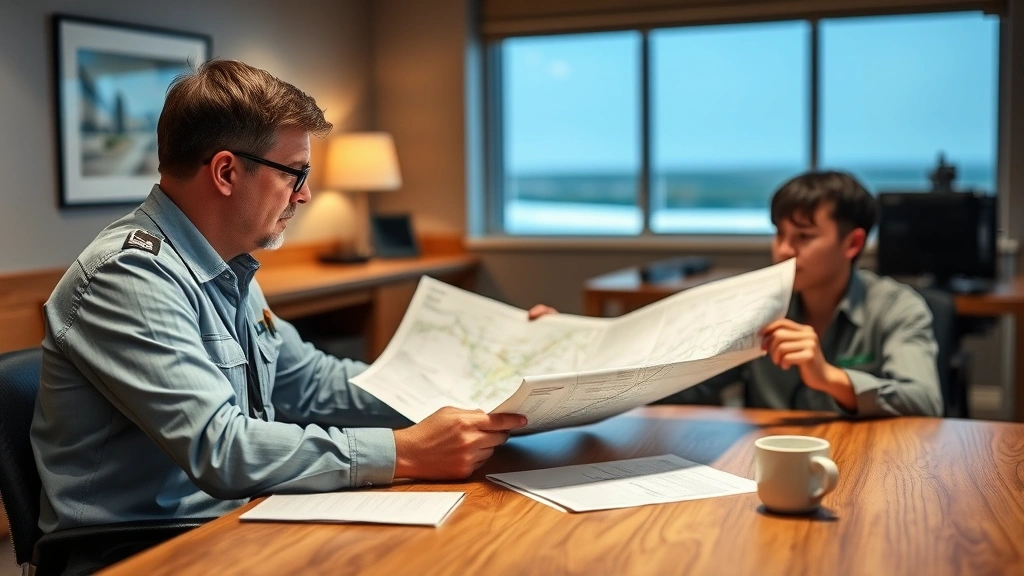 Flight instructor and student pilot reviewing sectional chart at wooden table in FBO briefing room, coffee cups and flight planning materials visible, warm indoor lighting, collaborative learning atmosphere