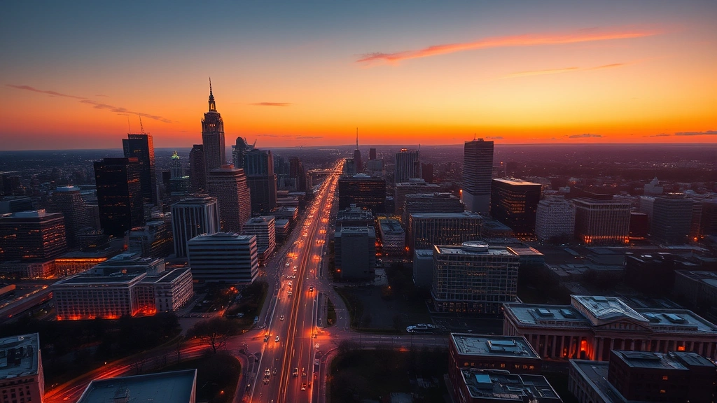 Aerial view of Philadelphia skyline during golden hour sunset with Benjamin Franklin Parkway and city lights beginning to twinkle, photorealistic travel photography