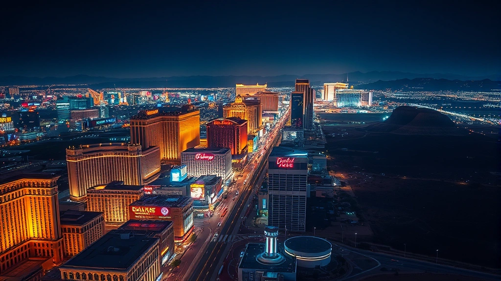 Aerial view of Las Vegas Strip at night with bright neon lights and hotel casinos, desert landscape visible beyond, photorealistic travel photography