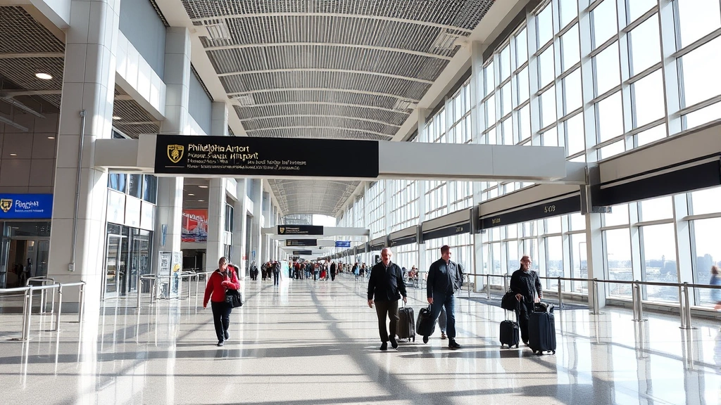 Philadelphia International Airport terminal interior with travelers walking with luggage, modern airport architecture, natural lighting from large windows