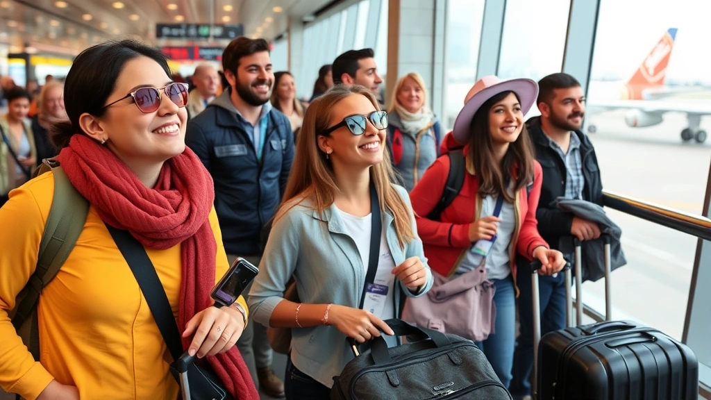 Diverse travelers at airport gate area with luggage, boarding passes, and excited expressions, looking out at aircraft on tarmac, candid travel moment