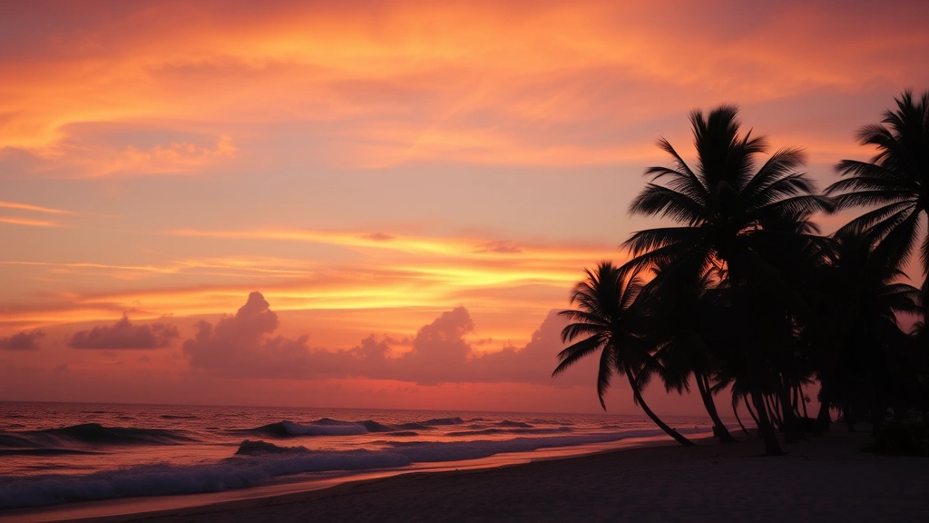 Miami beach sunset with palm trees silhouetted against orange and pink sky, warm tropical atmosphere, ocean waves, peaceful vacation ambiance