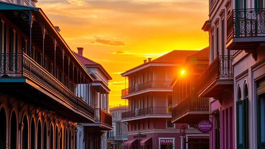 Vibrant New Orleans French Quarter street at sunset with historic architecture, gas lamps, wrought iron balconies, and purple and green colonial buildings casting golden light