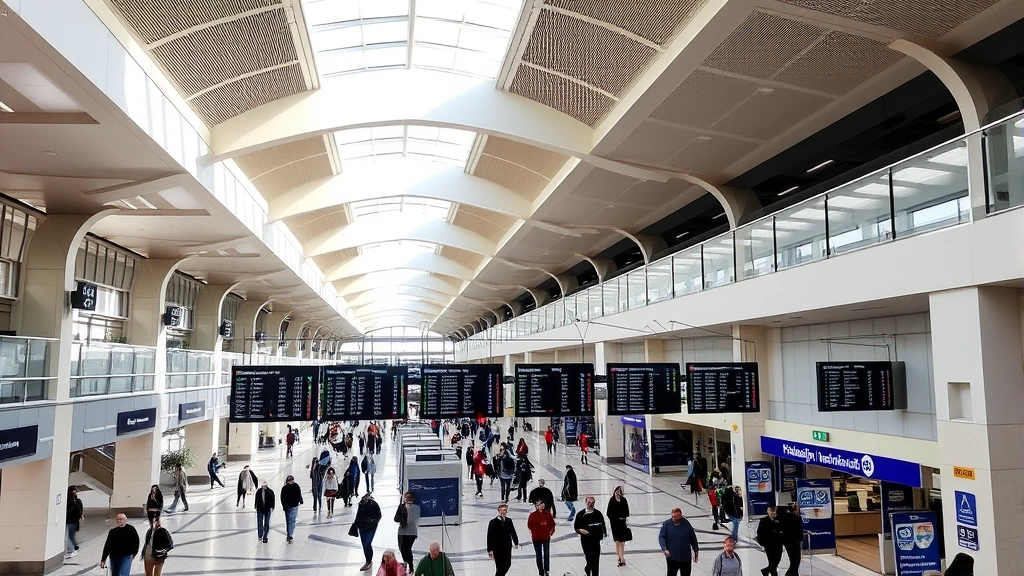 Philadelphia International Airport terminal interior with modern architecture, departure boards, travelers walking, natural light from skylights, contemporary design, busy but organized atmosphere