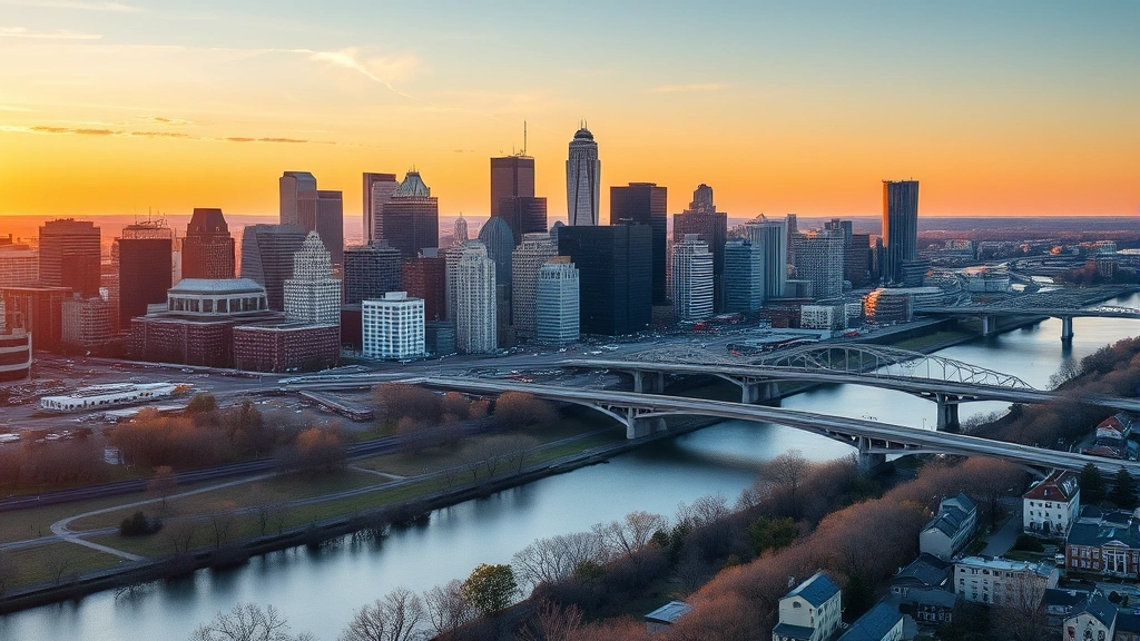 Aerial view of Philadelphia skyline with Schuylkill River and downtown skyscrapers at golden hour sunset, photorealistic high-resolution landscape photography