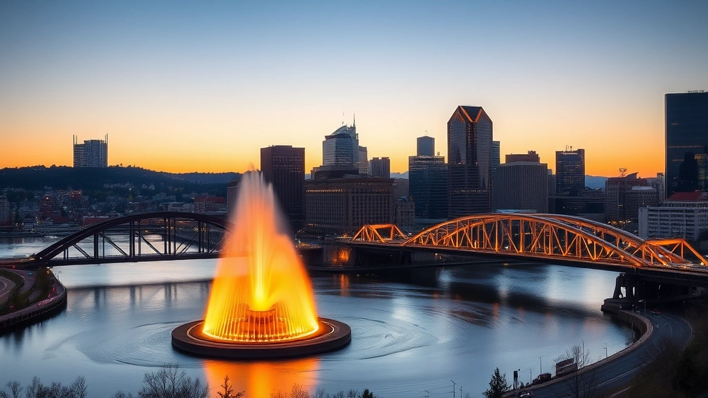 Pittsburgh cityscape featuring Three Rivers and Steel City bridges with golden point fountain, modern urban landscape at dusk with warm lighting
