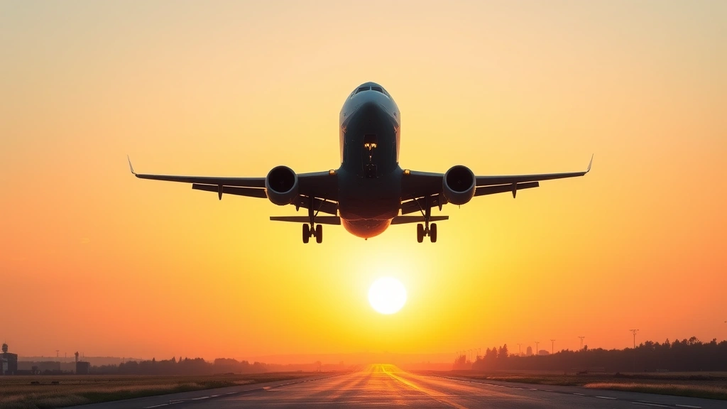 Commercial airplane taking off from runway at sunrise with clear sky, photorealistic aviation photography showing aircraft in flight perspective