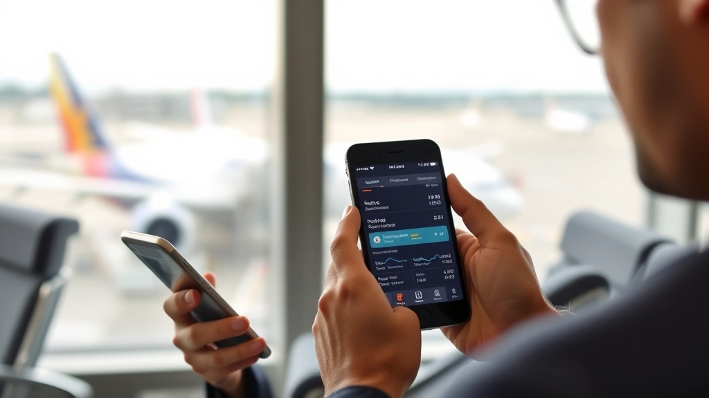 Businessman checking Philippine Airlines mobile app on smartphone at airport gate lounge with aircraft visible through window in background, showing real-time flight status tracking interface