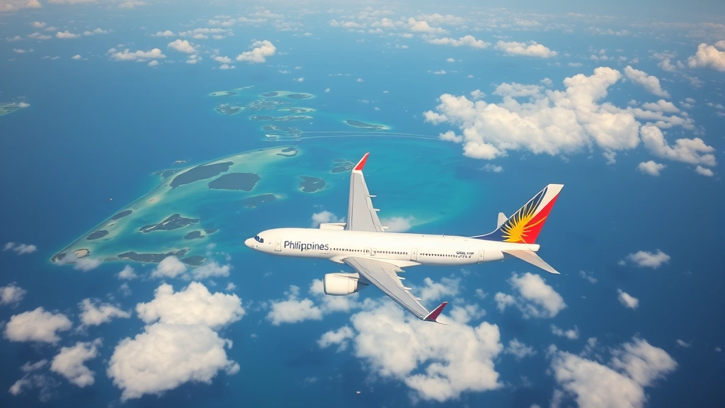 Aerial view of Philippine Airlines aircraft flying over tropical islands and turquoise waters of Southeast Asia during daytime, showing plane from above with clouds below