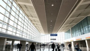 Phoenix Sky Harbor International Airport terminal interior with modern architecture, bright natural lighting, and travelers with luggage, morning departure scene