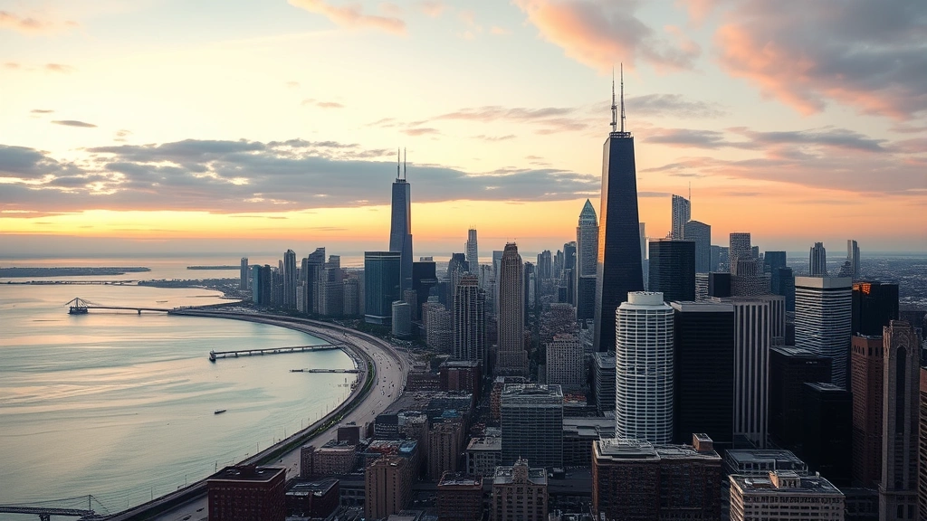 Chicago skyline at dusk with Lake Michigan, Willis Tower and architectural landmarks visible, golden hour lighting, urban landscape from elevated viewpoint
