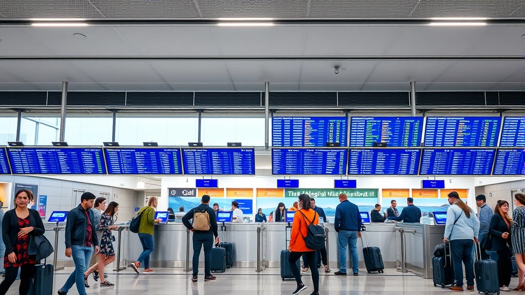 Airline check-in counter at modern airport with digital displays showing flight information, travelers with luggage, professional airport staff, busy but organized environment
