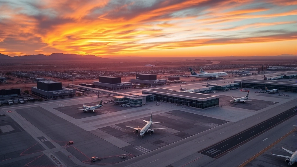 Aerial view of Phoenix Sky Harbor International Airport with desert landscape and modern terminal buildings at sunset, showing aircraft on tarmac