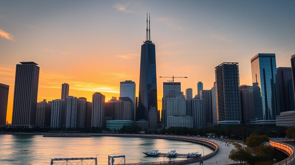 Chicago skyline featuring Willis Tower and Lake Michigan waterfront during golden hour, with bustling downtown cityscape and architectural landmarks