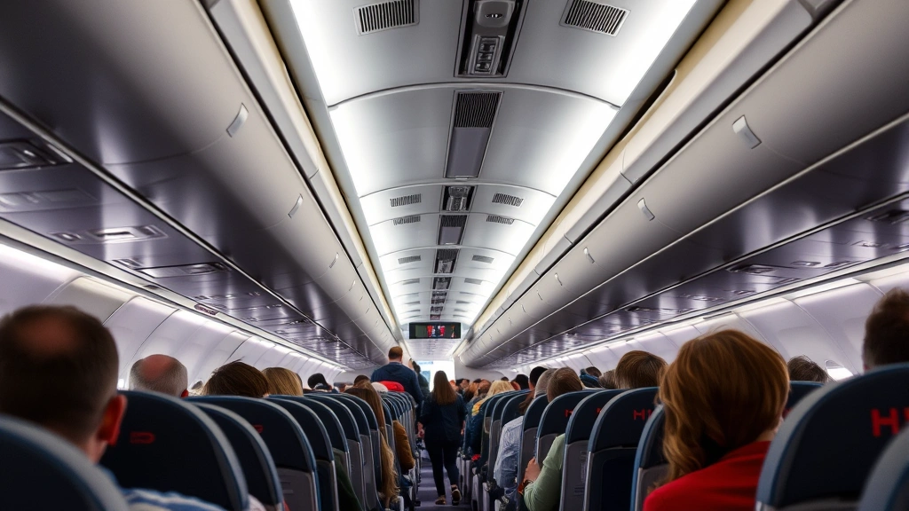 Packed airplane cabin interior with passengers settling into seats, overhead bins, and modern aircraft amenities during boarding process