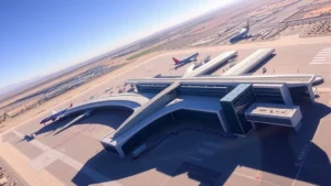 Aerial view of Phoenix Sky Harbor International Airport terminal with desert landscape surrounding, modern architecture, Southwest Airlines aircraft visible, bright Arizona sunlight, daytime photography