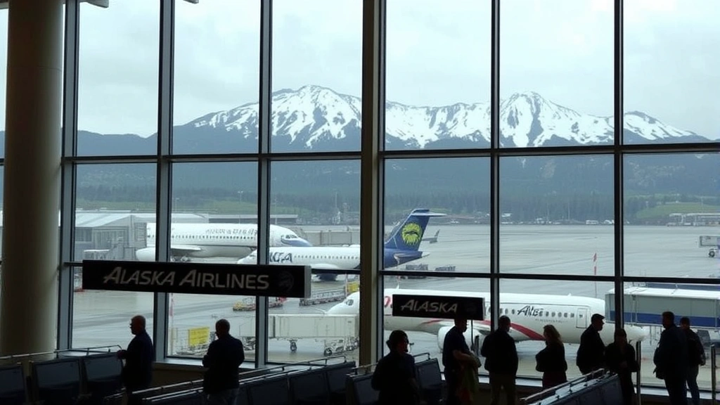 Seattle-Tacoma International Airport interior with Pacific Northwest mountain views through windows, Alaska Airlines signage, travelers in terminal, rainy Seattle atmosphere, modern airport design