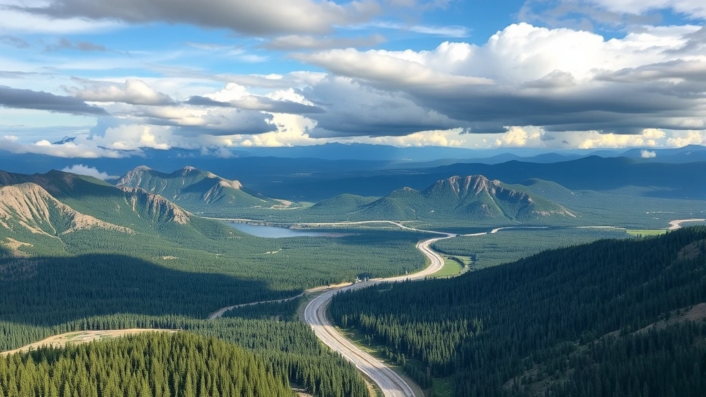 Scenic view of Pacific Northwest landscape between Phoenix and Seattle: mountain ranges, evergreen forests, winding highways, aerial perspective, dramatic clouds, travel route visualization