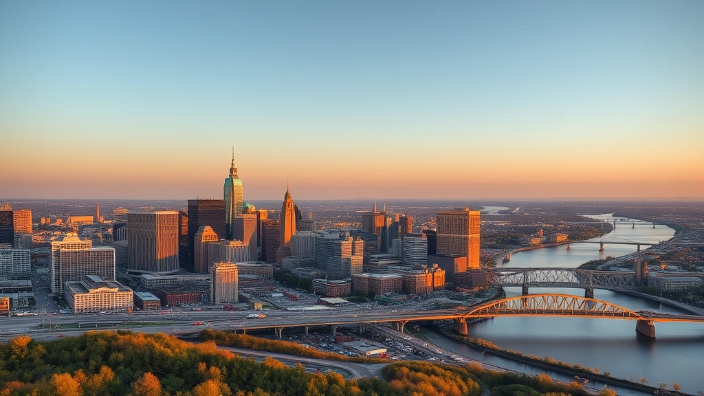 Aerial view of Pittsburgh skyline with Pennsylvania rivers and bridges, golden hour lighting, photorealistic landscape photography