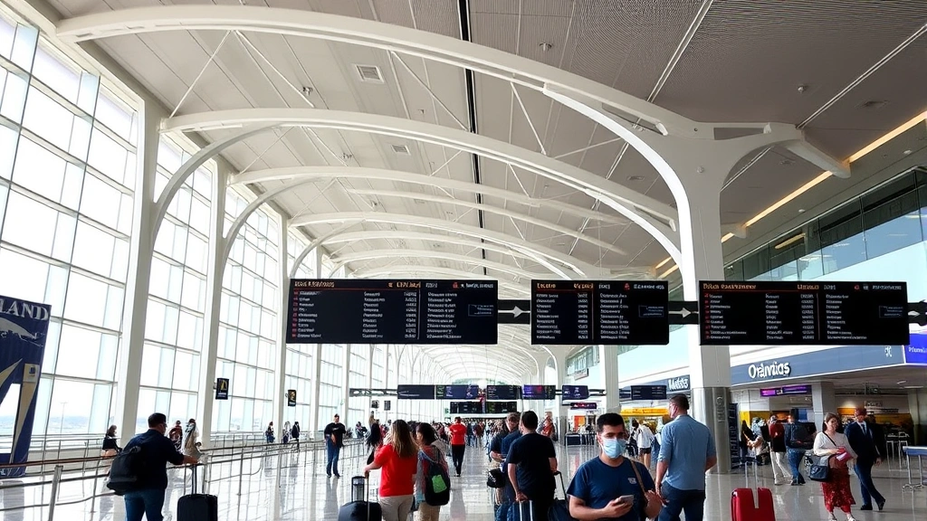 Orlando International Airport terminal interior with modern architecture, departure boards, travelers with luggage, bright natural lighting