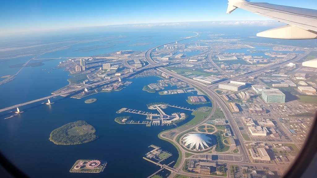 Aerial view of Orlando attractions including theme parks, lakes, and highways from airplane window, daytime clear sky, photorealistic aviation photography