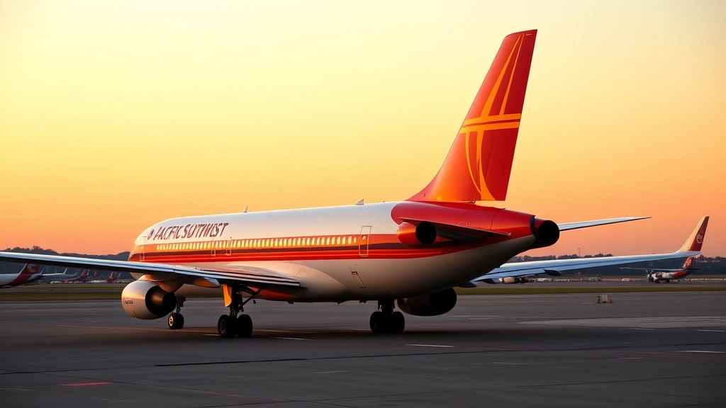 Vintage 1970s Boeing 727 aircraft in Pacific Southwest Airlines livery on tarmac at sunset, professional aviation photography, clear sky background, realistic aircraft detail