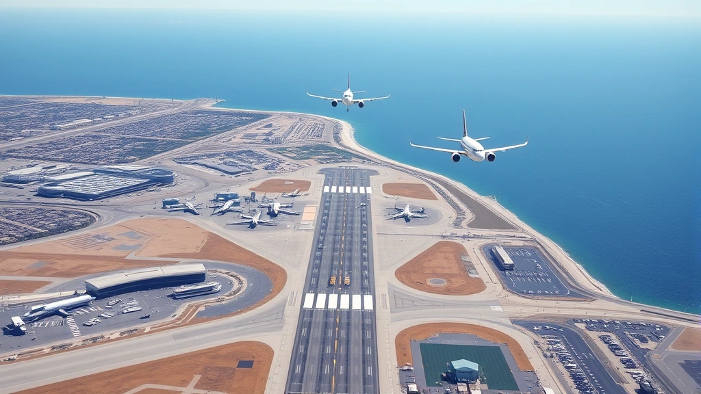 Photorealistic aerial view of San Diego International Airport with commercial jets approaching on clear sunny day, runway visible below, Pacific Ocean in background, no text or signage visible