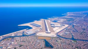 Aerial view of San Diego International Airport surrounded by city neighborhoods and harbor, clear blue sky, daytime, showing runway and taxiways from above, photorealistic