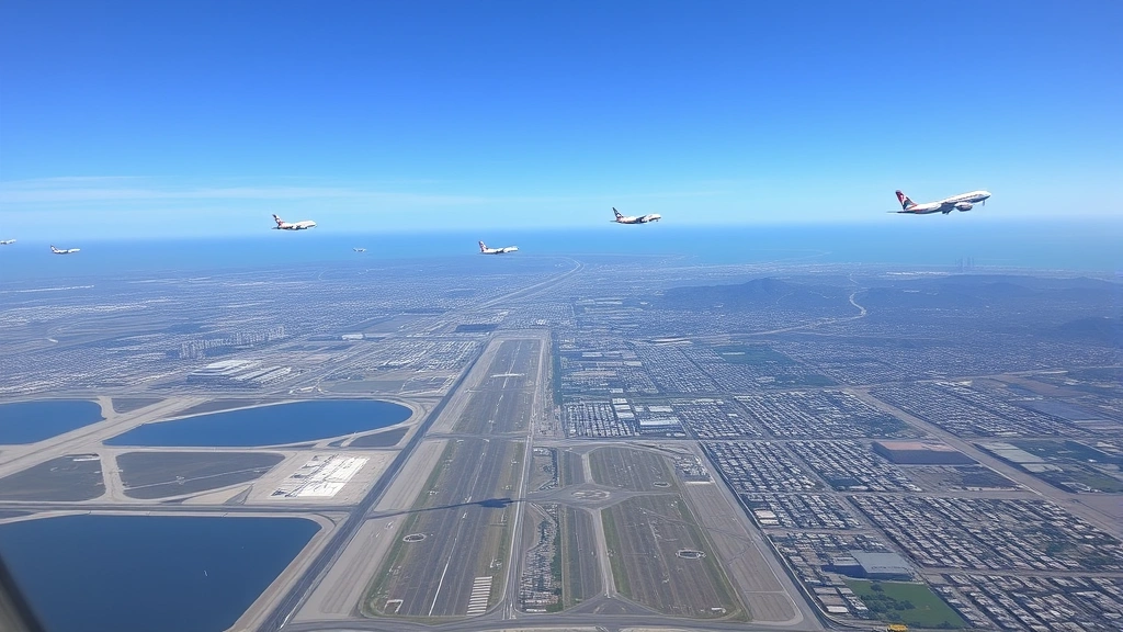San Diego International Airport approach corridor from aerial view, downtown skyline visible, clear weather conditions, multiple aircraft visible at different altitudes, photorealistic daytime shot