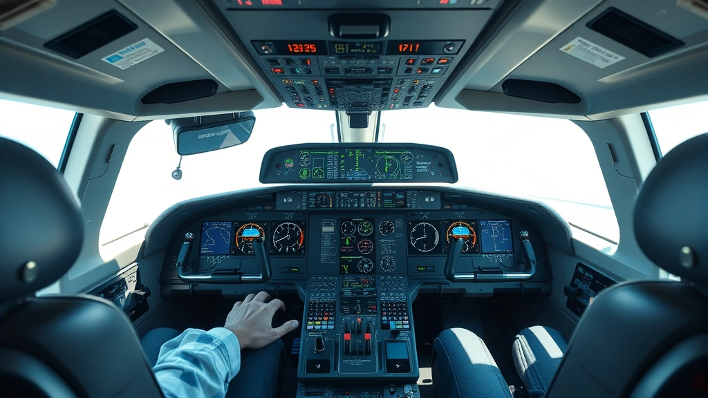 Photorealistic modern commercial aircraft cockpit interior showing glass displays, collision avoidance system screens, multiple instrument panels with digital readouts, pilot hands on controls, bright daylight through windscreen