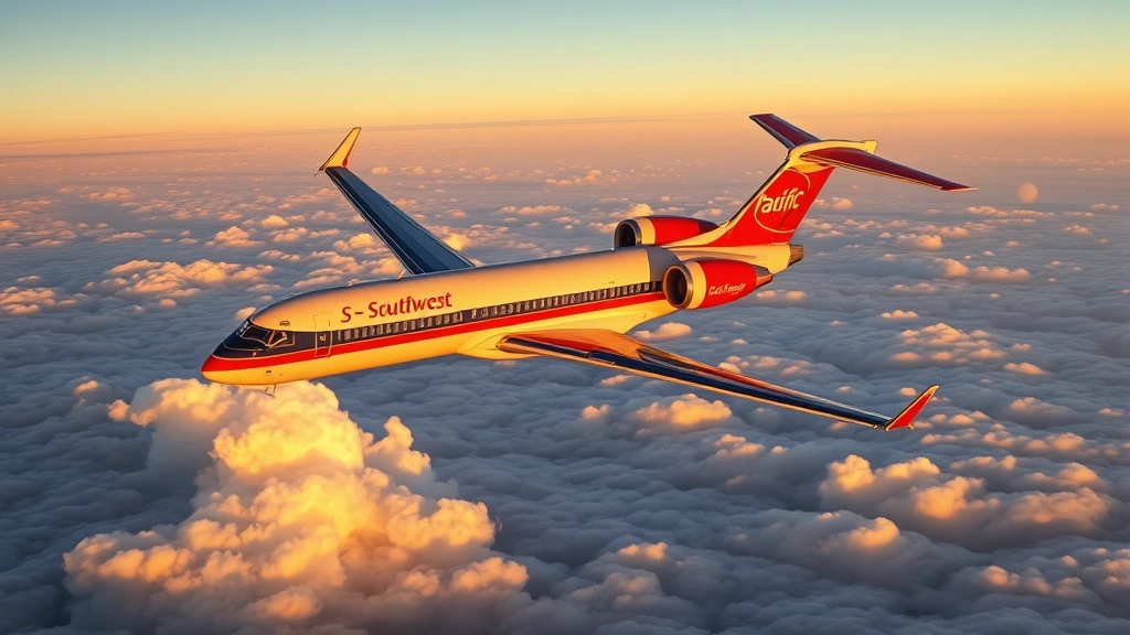 Boeing 727 aircraft in flight during golden hour with clouds below, banking turn maneuver, commercial airliner in Pacific Southwest Airlines livery, photorealistic