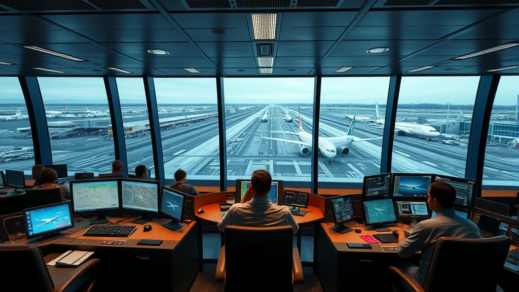 Photorealistic air traffic control tower interior at busy airport with controllers at radar stations, multiple screens displaying aircraft positions and flight data, modern equipment and workstations, professional environment, no readable text
