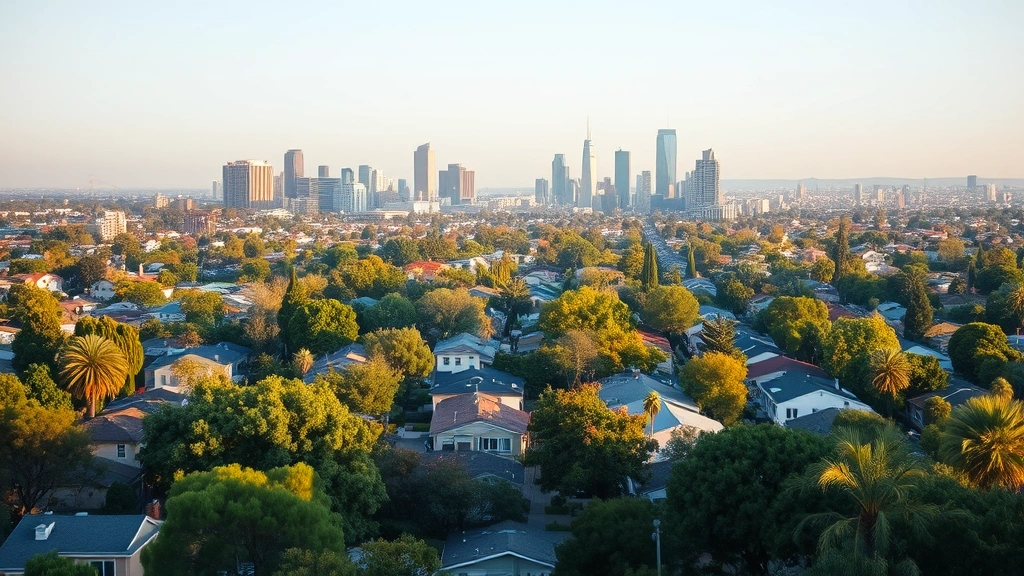 San Diego cityscape with North Park residential neighborhood visible, tree-lined streets and houses, clear afternoon sky, urban residential area perspective, photorealistic