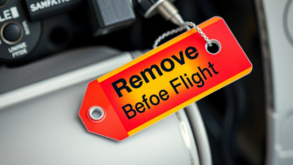Close-up of a bright red and yellow 'Remove Before Flight' tag attached to aircraft equipment, with clear black lettering visible, professional aviation maintenance setting