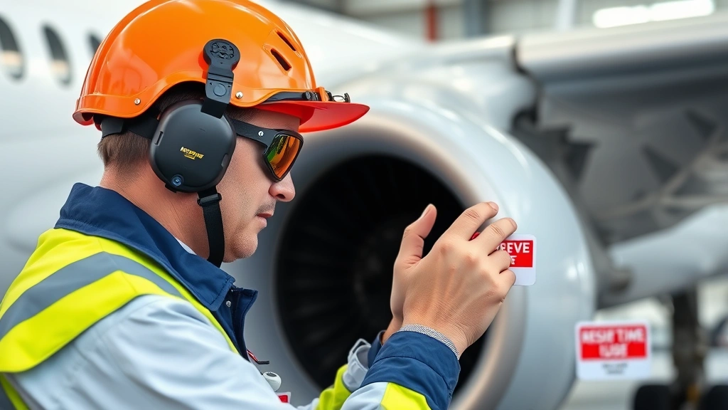 Aircraft maintenance worker in safety gear inspecting pitot tubes and static ports with Remove Before Flight tags during pre-flight preparation on commercial airplane