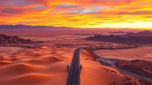 Aerial view of desert landscape between Reno and Las Vegas at sunset, showing I-80 highway stretching across golden sand dunes and mountains, vibrant orange and purple sky, photorealistic high altitude perspective
