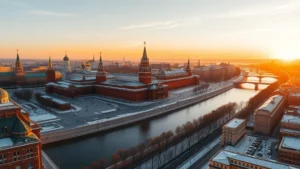 Aerial view of Moscow's Red Square and Kremlin complex at sunset, golden light illuminating historic architecture and river, winter snow covering surrounding cityscape
