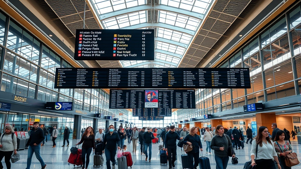 Interior of modern airport terminal with flight departure boards displaying destinations, diverse international travelers with luggage moving through spacious corridors with glass architecture and natural lighting, busy transit hub ambiance