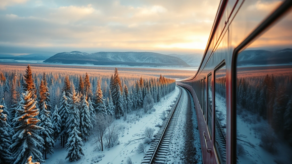 Trans-Siberian Railway train traveling through vast Siberian landscape, snow-covered taiga forest, golden winter light, dramatic natural scenery