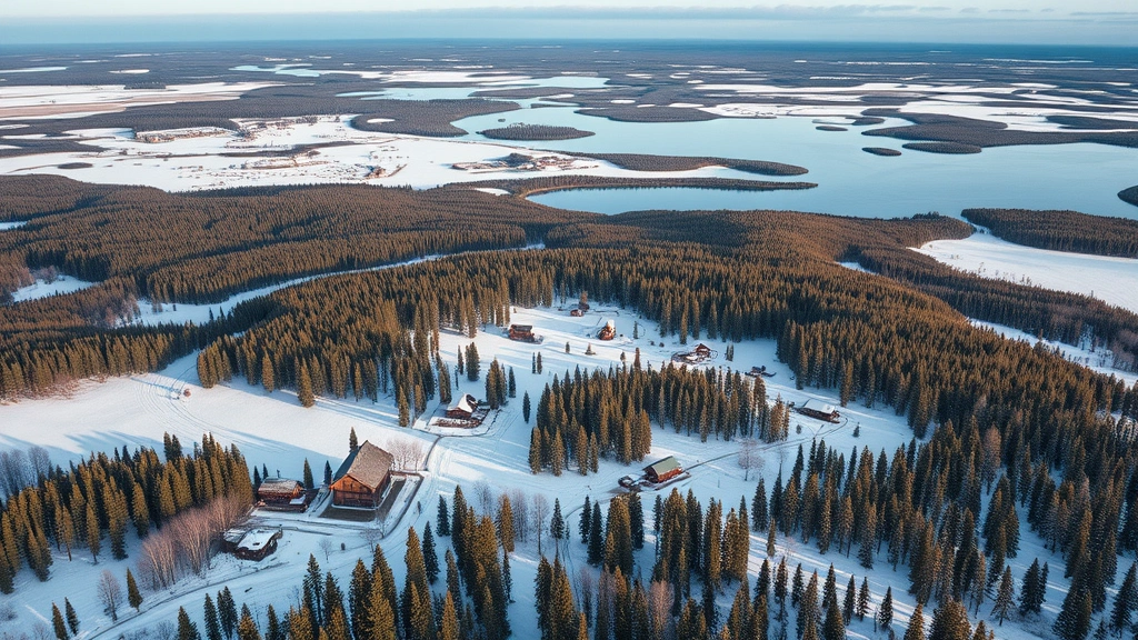 Aerial landscape view of Russian countryside featuring vast forests, pristine lakes, and traditional wooden villages scattered across snowy terrain, winter wilderness perspective, Siberian landscape beauty, cinematic travel photography
